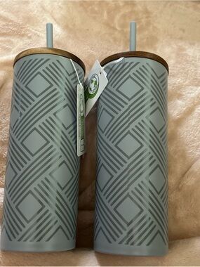 Mainstays Grey Geometric Reusable Tumbler Set with Wood Lids 24 ozs.
